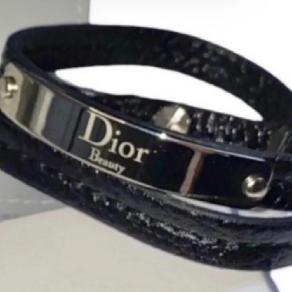 Dior Beauty Black Faux Leather Double Wrap Around Bracelet with Silver